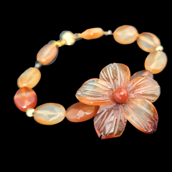 Vintage 14k Yellow Gold Large Flower Carnelian Carving Bracelet Retro Estate 