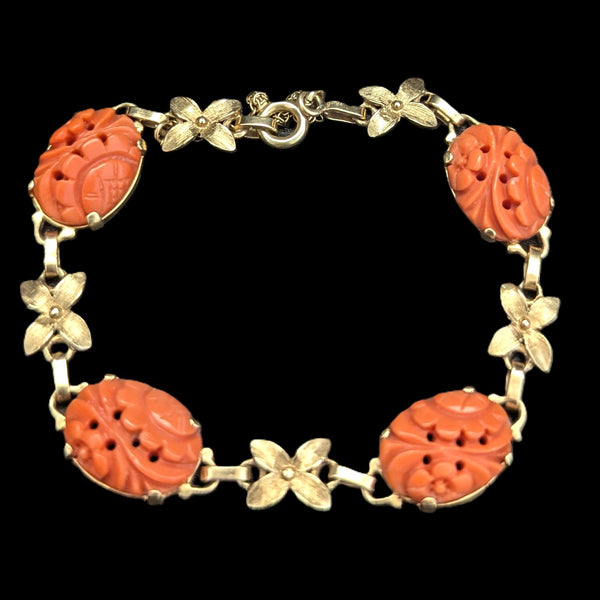 Vintage Carved Coral 14k Yellow Gold Floral Bracelet Retro Mid Century Estate