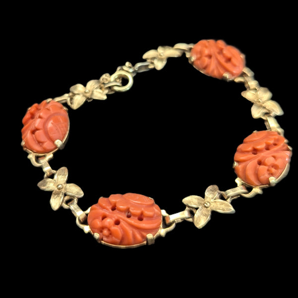 Vintage Carved Coral 14k Yellow Gold Floral Bracelet Retro Mid Century Estate