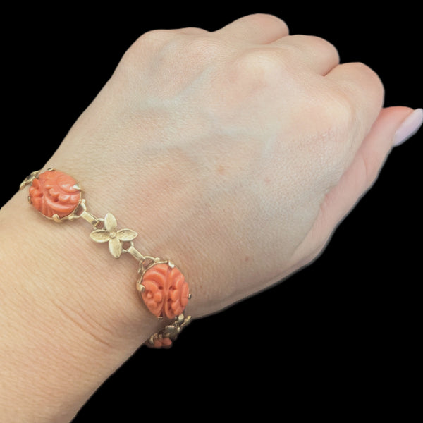 Vintage Carved Coral 14k Yellow Gold Floral Bracelet Retro Mid Century Estate