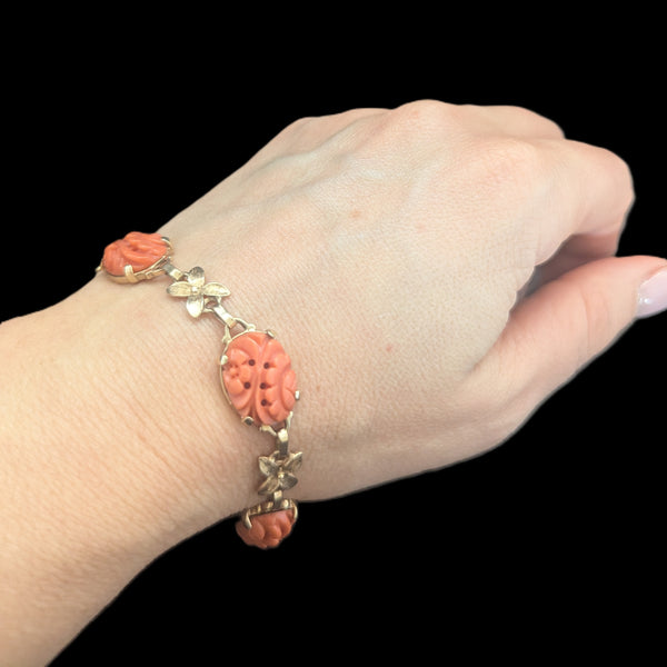 Vintage Carved Coral 14k Yellow Gold Floral Bracelet Retro Mid Century Estate