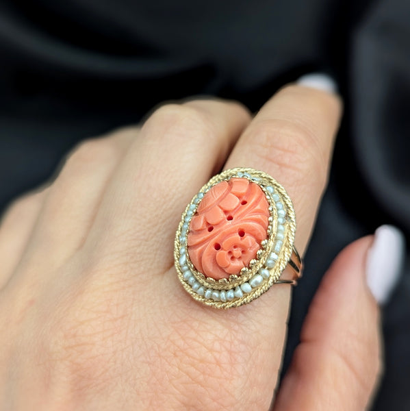 Vintage Carved Coral Pearls 14k Yellow Gold Cocktail Ring Retro Sunflower 20-40s 