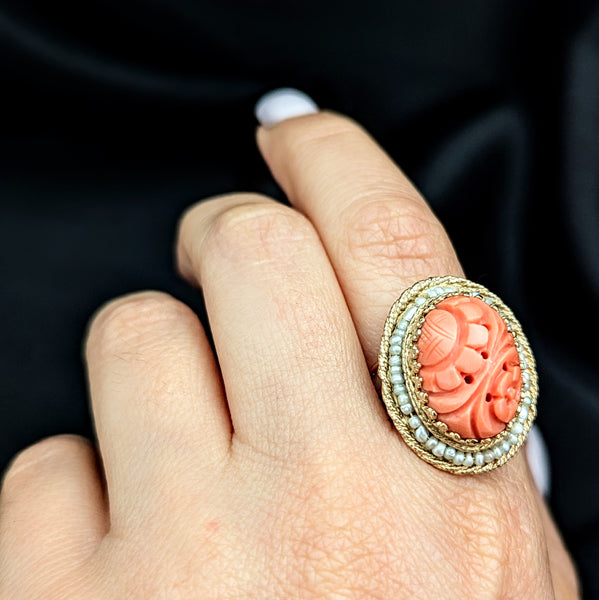 Vintage Carved Coral Pearls 14k Yellow Gold Cocktail Ring Retro Sunflower 20-40s 