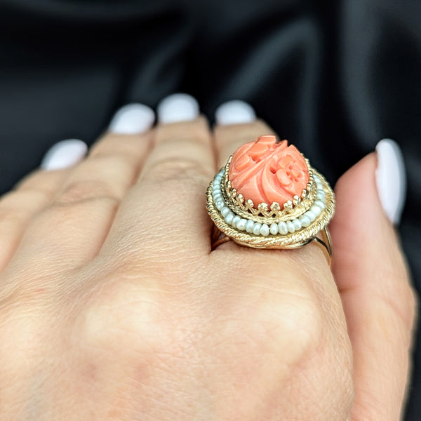 Vintage Carved Coral Pearls 14k Yellow Gold Cocktail Ring Retro Sunflower 20-40s 