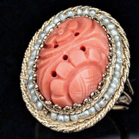 Vintage Carved Coral Pearls 14k Yellow Gold Cocktail Ring Retro Sunflower 20-40s 