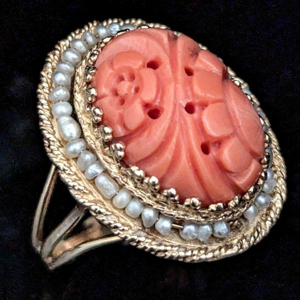 Vintage Carved Coral Pearls 14k Yellow Gold Cocktail Ring Retro Sunflower 20-40s 