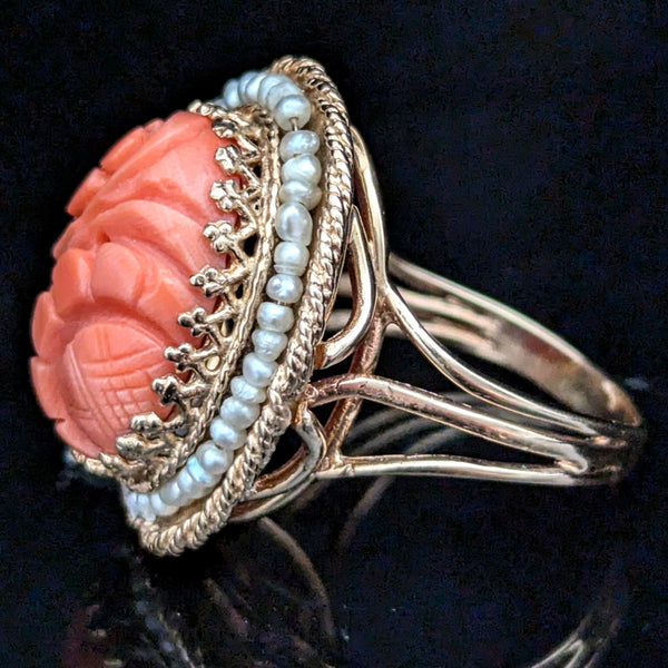Vintage Carved Coral Pearls 14k Yellow Gold Cocktail Ring Retro Sunflower 20-40s 
