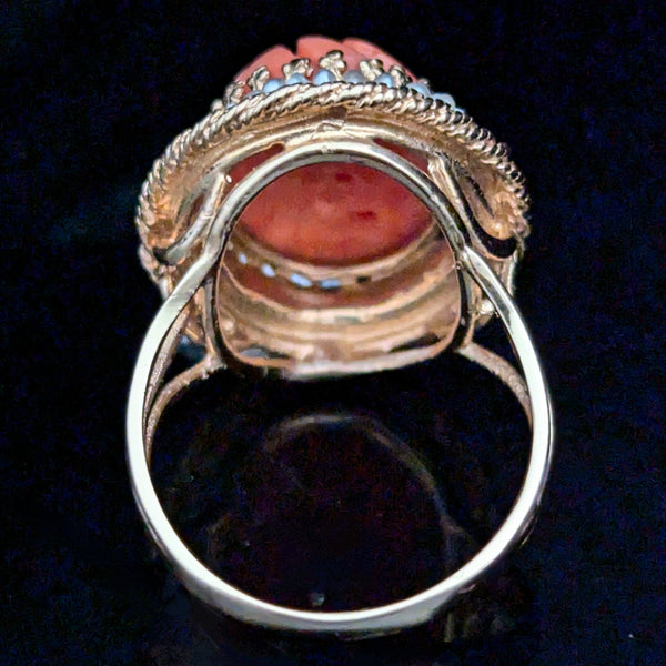 Vintage Carved Coral Pearls 14k Yellow Gold Cocktail Ring Retro Sunflower 20-40s 