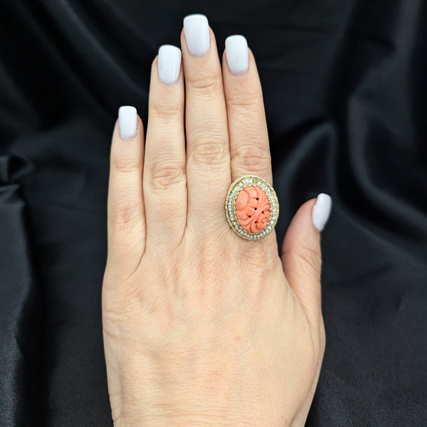 Vintage Carved Coral Pearls 14k Yellow Gold Cocktail Ring Retro Sunflower 20-40s 