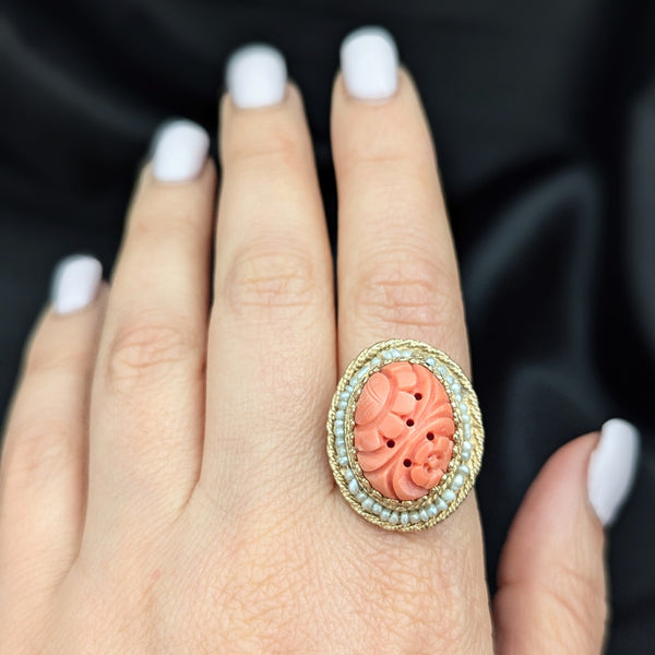 Vintage Carved Coral Pearls 14k Yellow Gold Cocktail Ring Retro Sunflower 20-40s 