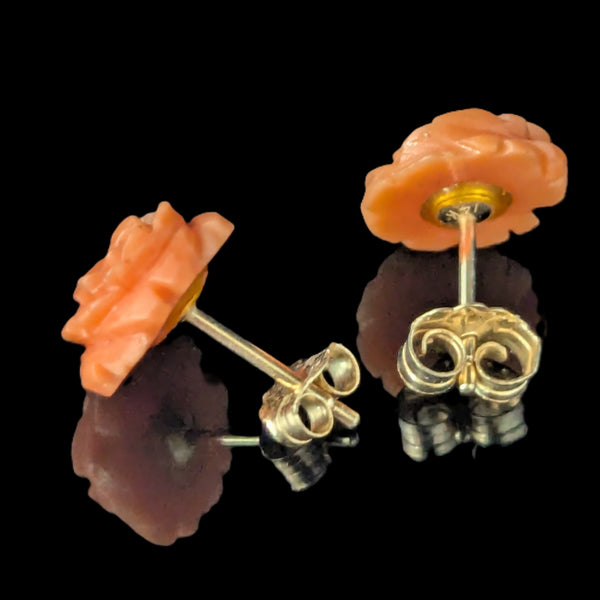 Vintage Caved Coral Flowers 14k Yellow Gold Earrings Studs Estate Gift Retro