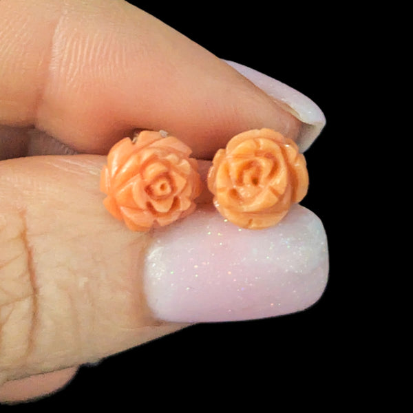 Vintage Caved Coral Flowers 14k Yellow Gold Earrings Studs Estate Gift Retro