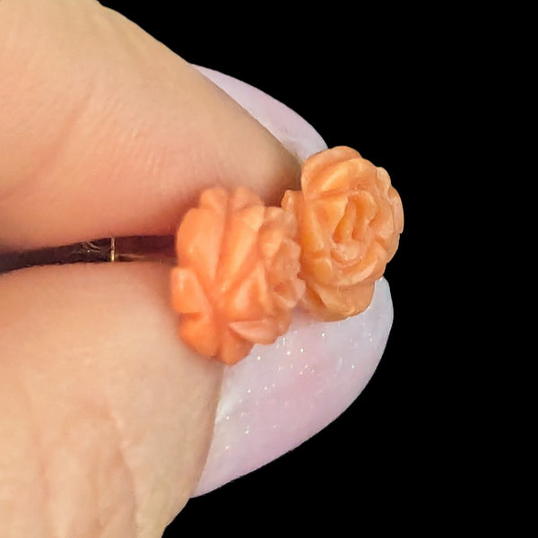 Vintage Caved Coral Flowers 14k Yellow Gold Earrings Studs Estate Gift Retro
