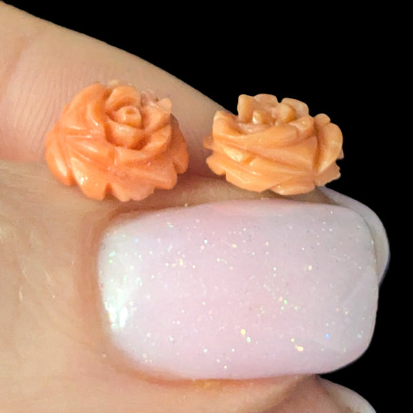 Vintage Caved Coral Flowers 14k Yellow Gold Earrings Studs Estate Gift Retro