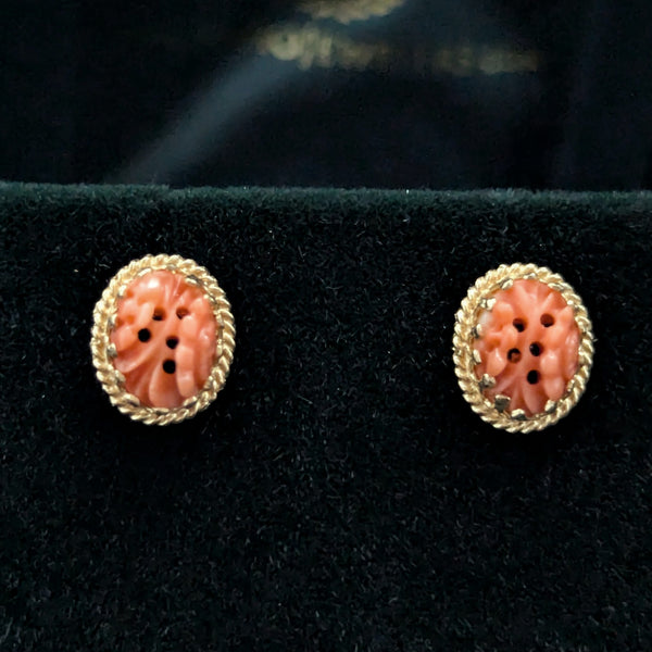 Vintage Caved Coral Flowers 14k Yellow Gold Earrings Studs Estate Retro Gift