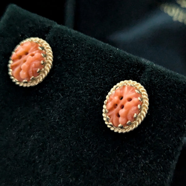 Vintage Caved Coral Flowers 14k Yellow Gold Earrings Studs Estate Retro Gift