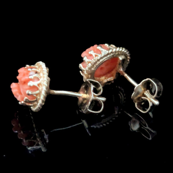 Vintage Caved Coral Flowers 14k Yellow Gold Earrings Studs Estate Retro Gift