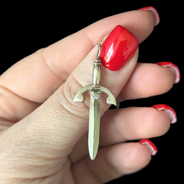 Vintage Dagger Pendant Diamonds & 14k Yellow Gold Retro Estate Jewelry Gift