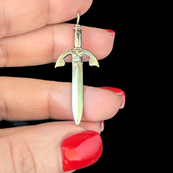 Vintage Dagger Pendant Diamonds & 14k Yellow Gold Retro Estate Jewelry Gift