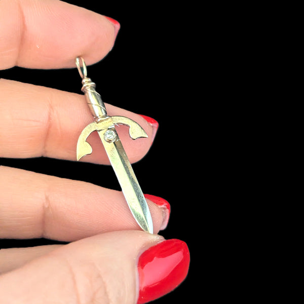Vintage Dagger Pendant Diamonds & 14k Yellow Gold Retro Estate Jewelry Gift