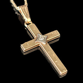 Vintage Diamond 14k Yellow Gold Cross Pendant by ESEMCO with 10k Chain Necklace