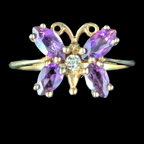 Vintage Diamond Amethyst 10k Yellow Gold Butterfly Ring Estate Jewelry Gift