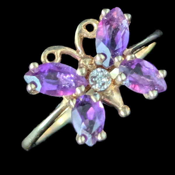 Vintage Diamond Amethyst 10k Yellow Gold Butterfly Ring Estate Jewelry Gift