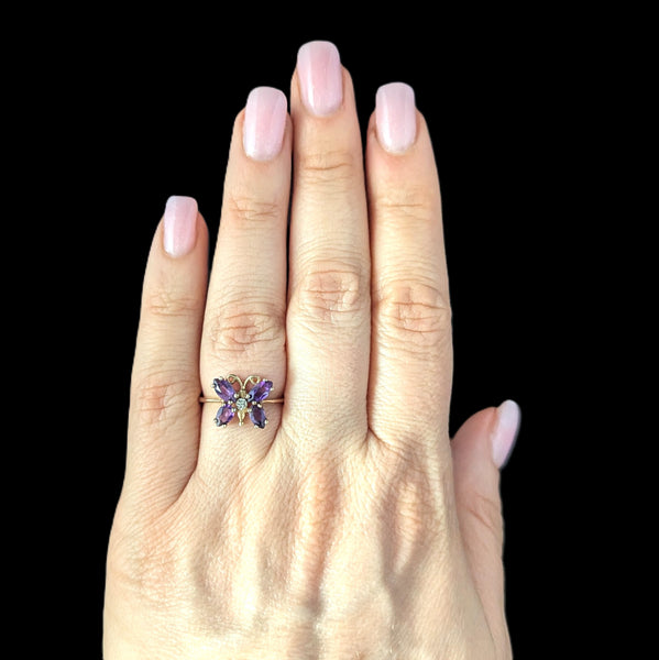 Vintage Diamond Amethyst 10k Yellow Gold Butterfly Ring Estate Jewelry Gift