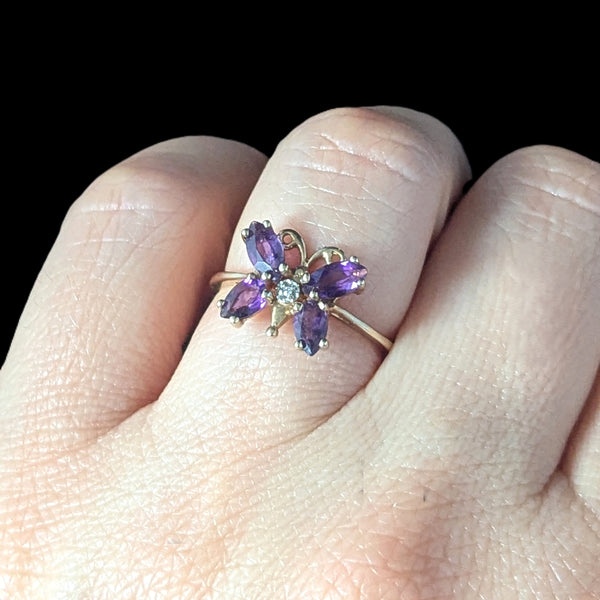 Vintage Diamond Amethyst 10k Yellow Gold Butterfly Ring Estate Jewelry Gift