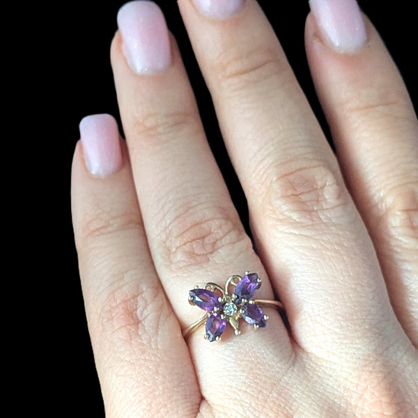 Vintage Diamond Amethyst 10k Yellow Gold Butterfly Ring Estate Jewelry Gift