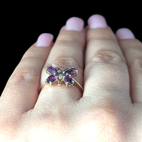 Vintage Diamond Amethyst 10k Yellow Gold Butterfly Ring Estate Jewelry Gift