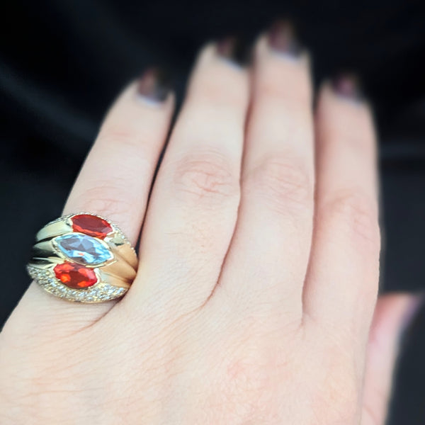 Vintage Diamond Aquamarine Mexican Fire Opal 18k Yellow Gold Cocktail Ring Gift