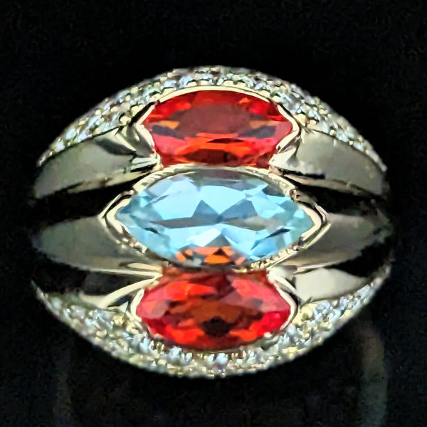 Vintage Diamond Aquamarine Mexican Fire Opal 18k Yellow Gold Cocktail Ring Gift