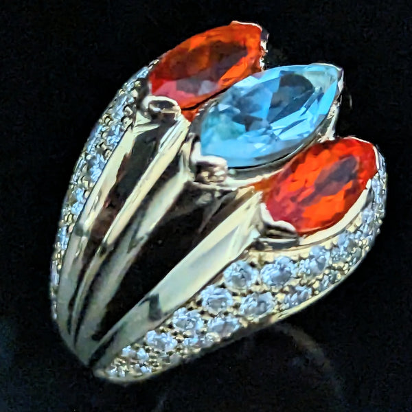 Vintage Diamond Aquamarine Mexican Fire Opal 18k Yellow Gold Cocktail Ring Gift