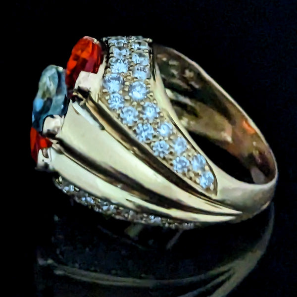 Vintage Diamond Aquamarine Mexican Fire Opal 18k Yellow Gold Cocktail Ring Gift