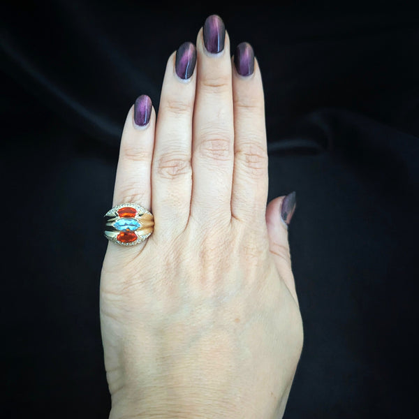 Vintage Diamond Aquamarine Mexican Fire Opal 18k Yellow Gold Cocktail Ring Gift