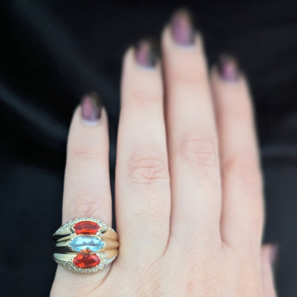 Vintage Diamond Aquamarine Mexican Fire Opal 18k Yellow Gold Cocktail Ring Gift