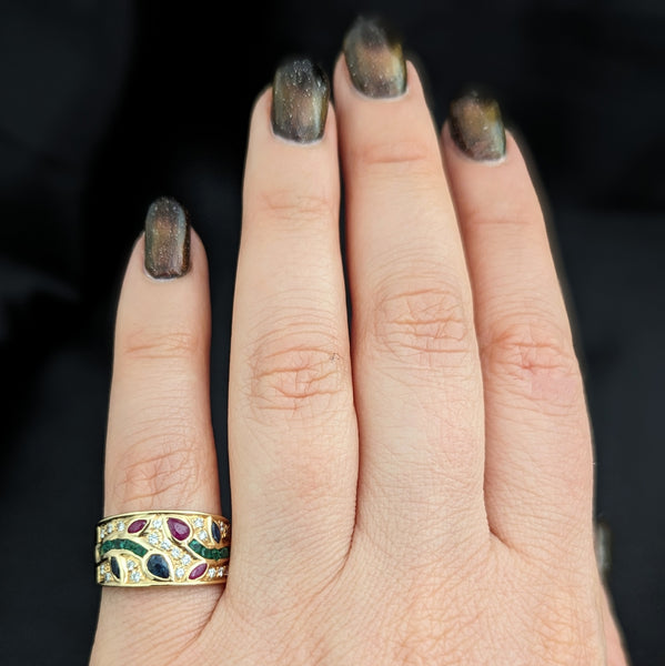 Vintage Diamond Emerald Ruby Sapphire 18k Yellow Gold Band Ring Floral Mozaic