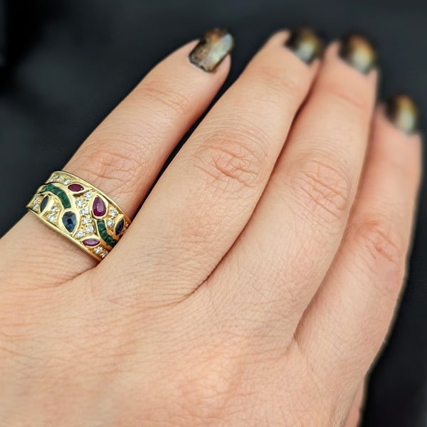 Vintage Diamond Emerald Ruby Sapphire 18k Yellow Gold Band Ring Floral Mozaic