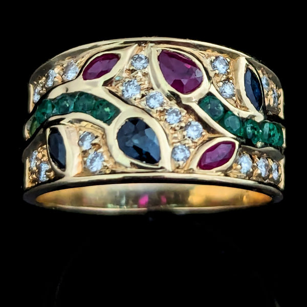 Vintage Diamond Emerald Ruby Sapphire 18k Yellow Gold Band Ring Floral Mozaic