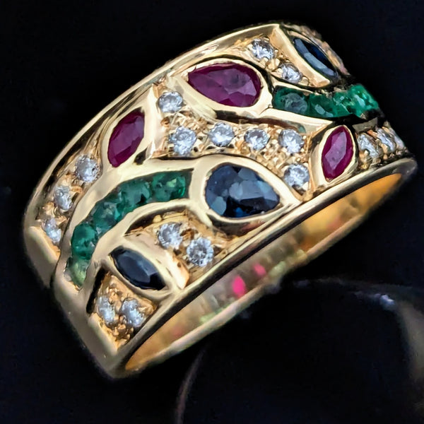 Vintage Diamond Emerald Ruby Sapphire 18k Yellow Gold Band Ring Floral Mozaic