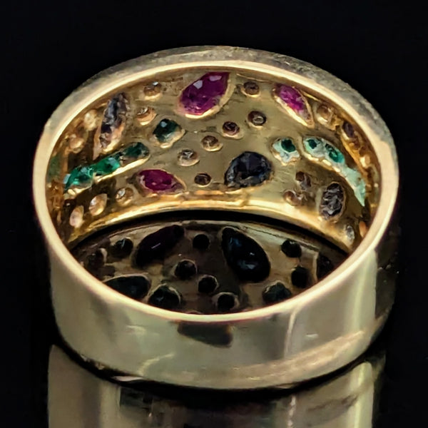 Vintage Diamond Emerald Ruby Sapphire 18k Yellow Gold Band Ring Floral Mozaic