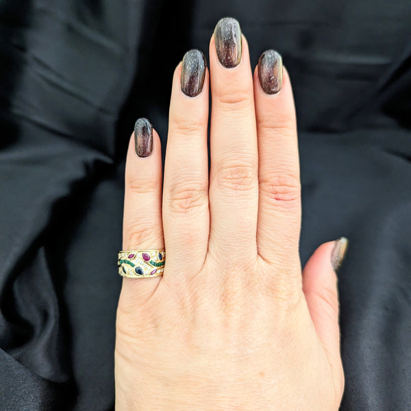 Vintage Diamond Emerald Ruby Sapphire 18k Yellow Gold Band Ring Floral Mozaic