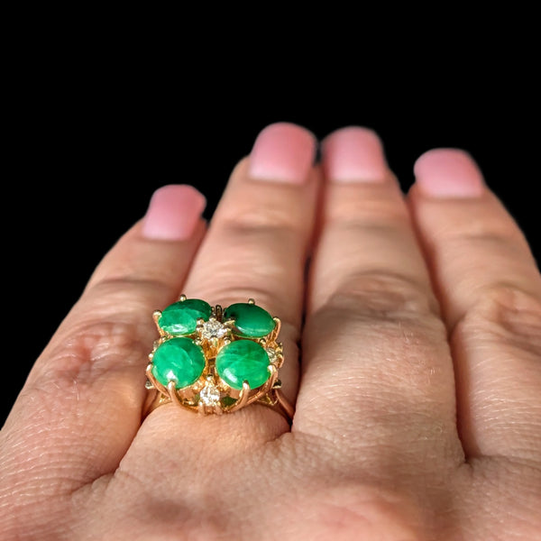 Vintage Diamond Jade Flower Cocktail Ring 14k Yellow Gold Retro Estate Gift 