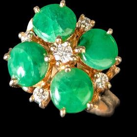 Vintage Diamond Jade Flower Cocktail Ring 14k Yellow Gold Retro Estate Gift 