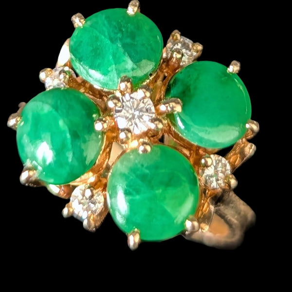 Vintage Diamond Jade Flower Cocktail Ring 14k Yellow Gold Retro Estate Gift 