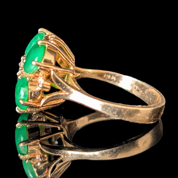 Vintage Diamond Jade Flower Cocktail Ring 14k Yellow Gold Retro Estate Gift 