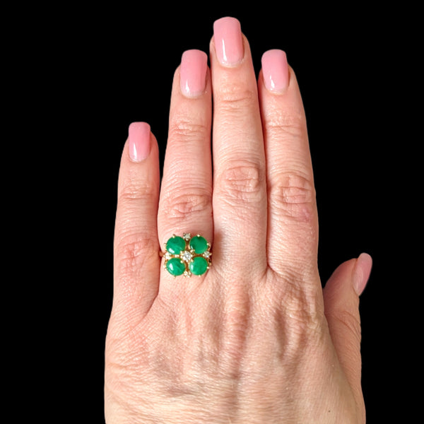 Vintage Diamond Jade Flower Cocktail Ring 14k Yellow Gold Retro Estate Gift 