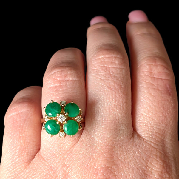 Vintage Diamond Jade Flower Cocktail Ring 14k Yellow Gold Retro Estate Gift 