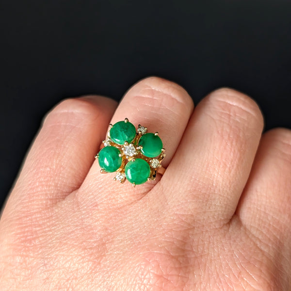 Vintage Diamond Jade Flower Cocktail Ring 14k Yellow Gold Retro Estate Gift 